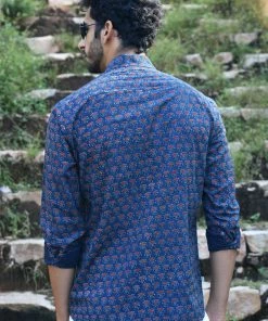 PRINTS VALLEY Ajrak Blue Lotus Butta Shirt Men's Shirt