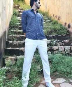 PRINTS VALLEY Ajrak Blue Lotus Butta Shirt Men's Shirt