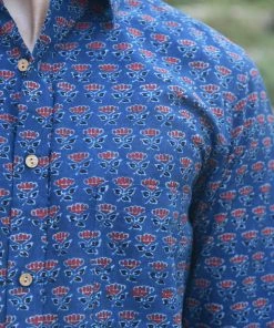 PRINTS VALLEY Ajrak Blue Lotus Butta Shirt Men's Shirt