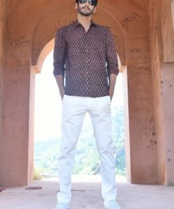 PRINTS VALLEY Men's Shirt Ajrak Black Pear Motif Shirt