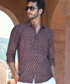 PRINTS VALLEY Men's Shirt Ajrak Black Pear Motif Shirt