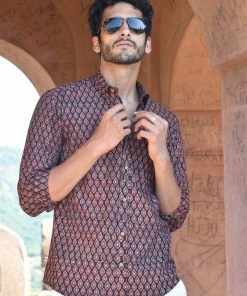 PRINTS VALLEY Men's Shirt Ajrak Black Pear Motif Shirt