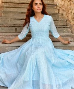 PRINTS VALLEY Diya-Pastel Blue Dress With Dupatta