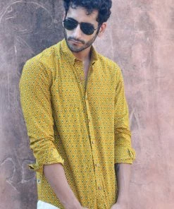 PRINTS VALLEY Men's Shirt Ajrak Mustard Pear Motif Shirt