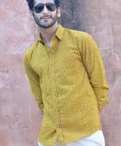 PRINTS VALLEY Men's Shirt Ajrak Mustard Pear Motif Shirt
