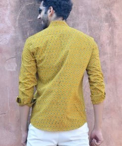 PRINTS VALLEY Men's Shirt Ajrak Mustard Pear Motif Shirt