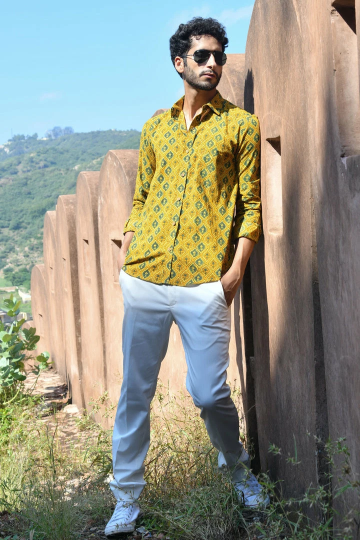 PRINTS VALLEY Ajrak Mustard Ogee Arch Shirt 2 PRINTS VALLEY Ajrak Mustard Ogee Arch Shirt