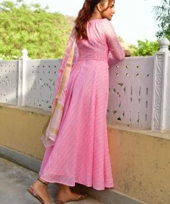 PRINTS VALLEY Jaipur Tales Diya-Pastel Pink Dress With Dupatta