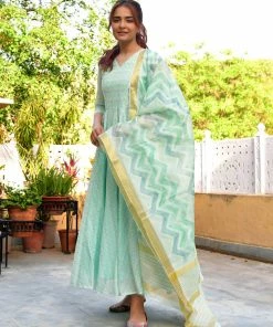 PRINTS VALLEY Jaipur Tales Diya-Pastel Green Dress With Dupatta