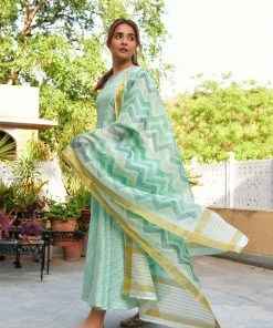 PRINTS VALLEY Jaipur Tales Diya-Pastel Green Dress With Dupatta