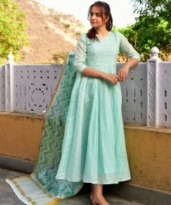 PRINTS VALLEY Jaipur Tales Diya-Pastel Green Dress With Dupatta