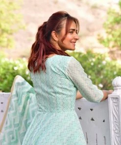 PRINTS VALLEY Jaipur Tales Diya-Pastel Green Dress With Dupatta