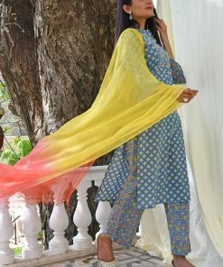 PRINTS VALLEY Jaipur Tales Cement Blue Floral Set With Dupatta