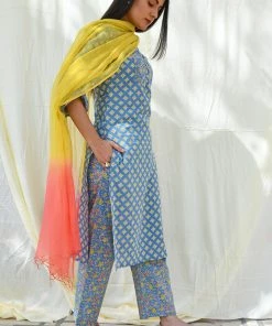 PRINTS VALLEY Jaipur Tales Cement Blue Floral Set With Dupatta