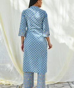 PRINTS VALLEY Jaipur Tales Cement Blue Floral Set With Dupatta