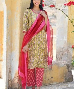 PRINTS VALLEY Yellow Stripe Floral Red Buti Set With Dupatta Jaipur Tales