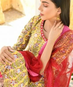 PRINTS VALLEY Yellow Stripe Floral Red Buti Set With Dupatta Jaipur Tales 7 PRINTS VALLEY Yellow Stripe Floral Red Buti Set With Dupatta Jaipur Tales