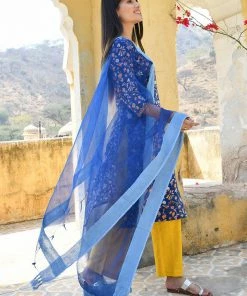PRINTS VALLEY Dark Blue Floral Print Set With Dupatta