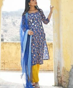 PRINTS VALLEY Dark Blue Floral Print Set With Dupatta