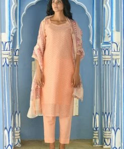 PRINTS VALLEY Peach Chanderi Print Kurta Set Jaipur Tales