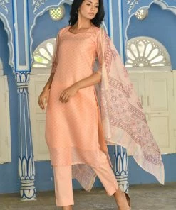 PRINTS VALLEY Peach Chanderi Print Kurta Set Jaipur Tales