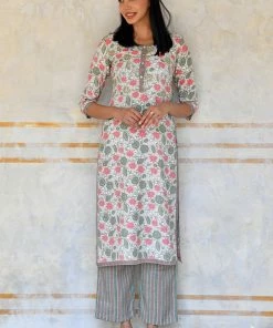 PRINTS VALLEY Off-White Pink Lotus Floral Print Set Jaipur Tales