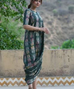 PRINTS VALLEY Green Checks Cowl Dress