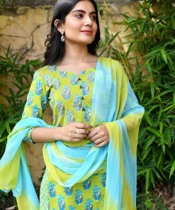 PRINTS VALLEY Green Blue Mughal Buti Set With Dupatta Jaipur Tales