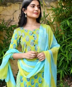 PRINTS VALLEY Green Blue Mughal Buti Set With Dupatta Jaipur Tales