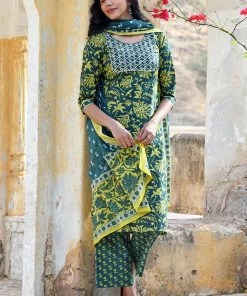 PRINTS VALLEY Bottle Green Yellow Buti Set With Dupatta