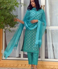 PRINTS VALLEY Turquoise Buti Zig Zag Set With Dupatta