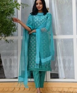 PRINTS VALLEY Turquoise Buti Zig Zag Set With Dupatta