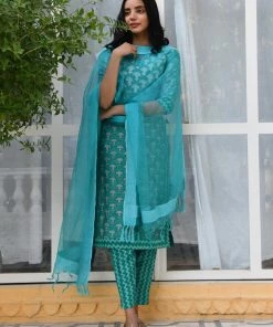 PRINTS VALLEY Turquoise Buti Zig Zag Set With Dupatta