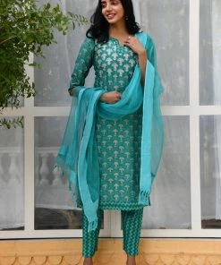 PRINTS VALLEY Turquoise Buti Zig Zag Set With Dupatta