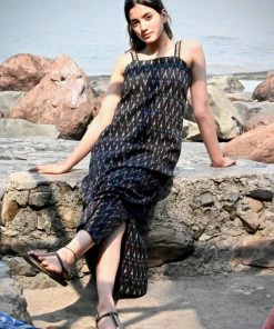 Threeness Black Ikat Slip Dress
