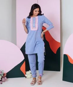 Gulaal Gypsy Soul Baani Blue Mirror Work Kurta Pant With Lace Detailing (Set Of 2)