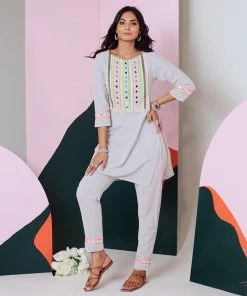 Gulaal Geet Grey Mirror Work Kurta Pant With Lace Detailing (Set Of 2)