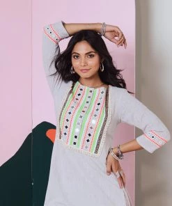 Gulaal Geet Grey Mirror Work Kurta Pant With Lace Detailing (Set Of 2)