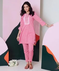 Gulaal Baani Pink Mirror Work Kurta Pant With Lace Detailing (Set Of 2) Gypsy Soul