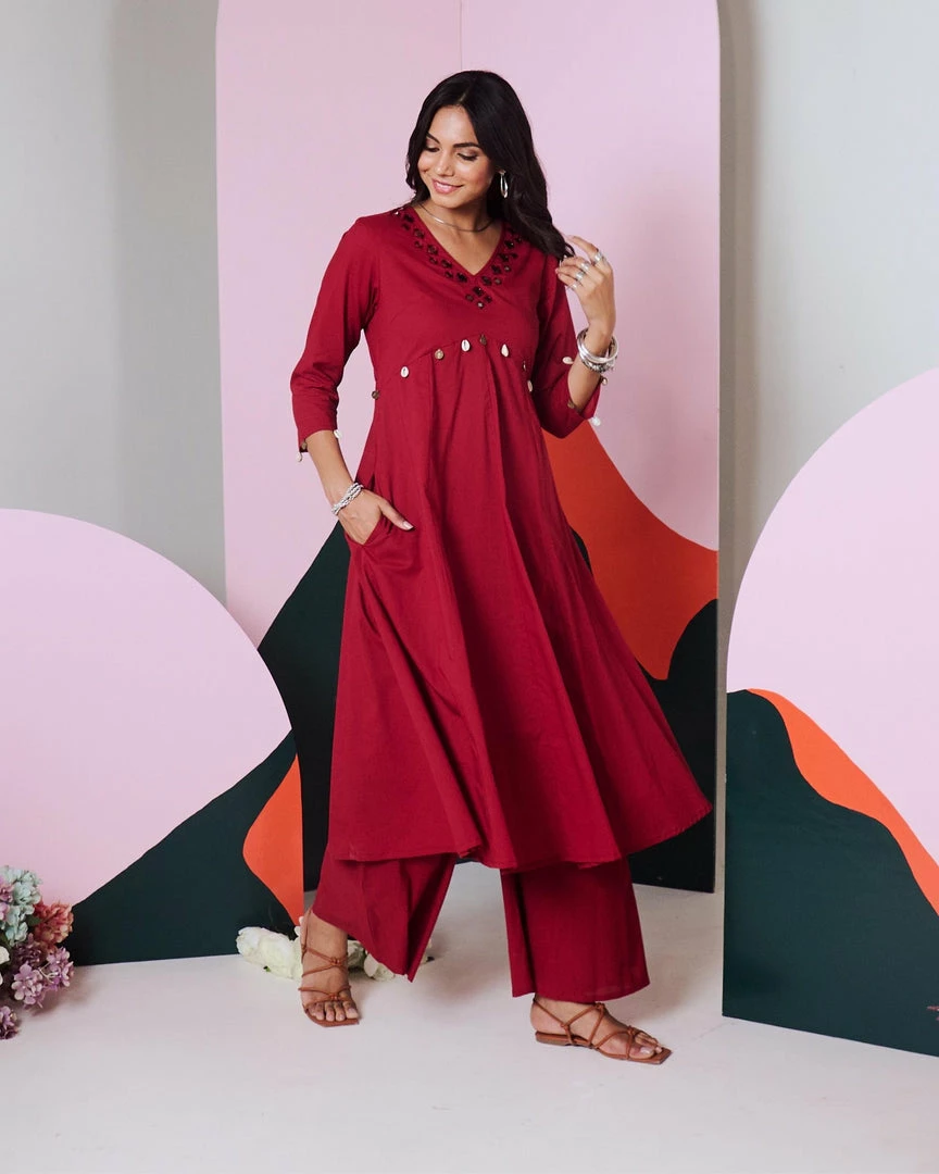 Gulaal Gypsy Soul Ajuni Maroon Mirror Embroidered Kurta -Palazzo Set 3 Gulaal Gypsy Soul Ajuni Maroon Mirror Embroidered Kurta -Palazzo Set