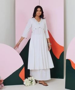 Gulaal Ajuni White Mirror Embroidered Kurta -Palazzo Set