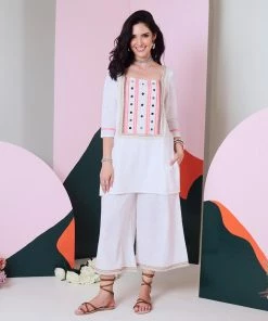 Gulaal Falak White Mirror Work Kurta Palazzo With Lace Detailing (Set Of 2) Gypsy Soul