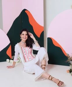 Gulaal Falak White Mirror Work Kurta Palazzo With Lace Detailing (Set Of 2) Gypsy Soul