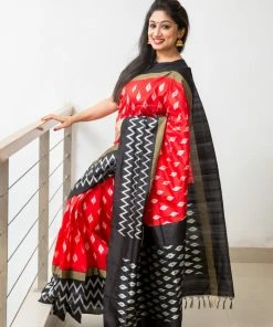 Tashi Threads Red & Black Pochampally Saree Sarees