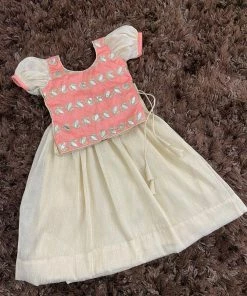 Ekanta Mini Corner Peach Brocade Worked Top With Gold Khadhi Tissue Skirt Mini