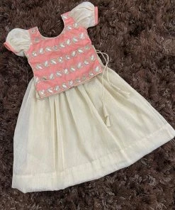 Ekanta Mini Corner Peach Brocade Worked Top With Gold Khadhi Tissue Skirt Mini