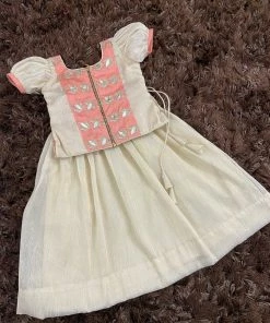 Ekanta Mini Corner Peach Brocade Worked Top With Gold Khadhi Tissue Skirt Mini