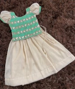 Ekanta Mini Corner Teal Brocade Worked Top With Gold Khadhi Tissue Skirt Mini