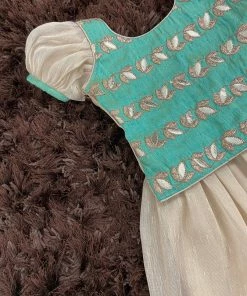 Ekanta Mini Corner Teal Brocade Worked Top With Gold Khadhi Tissue Skirt Mini