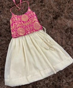 Ekanta Mini Corner Pink Banaras Top With Gold Khadhi Tissue Skirt Mini